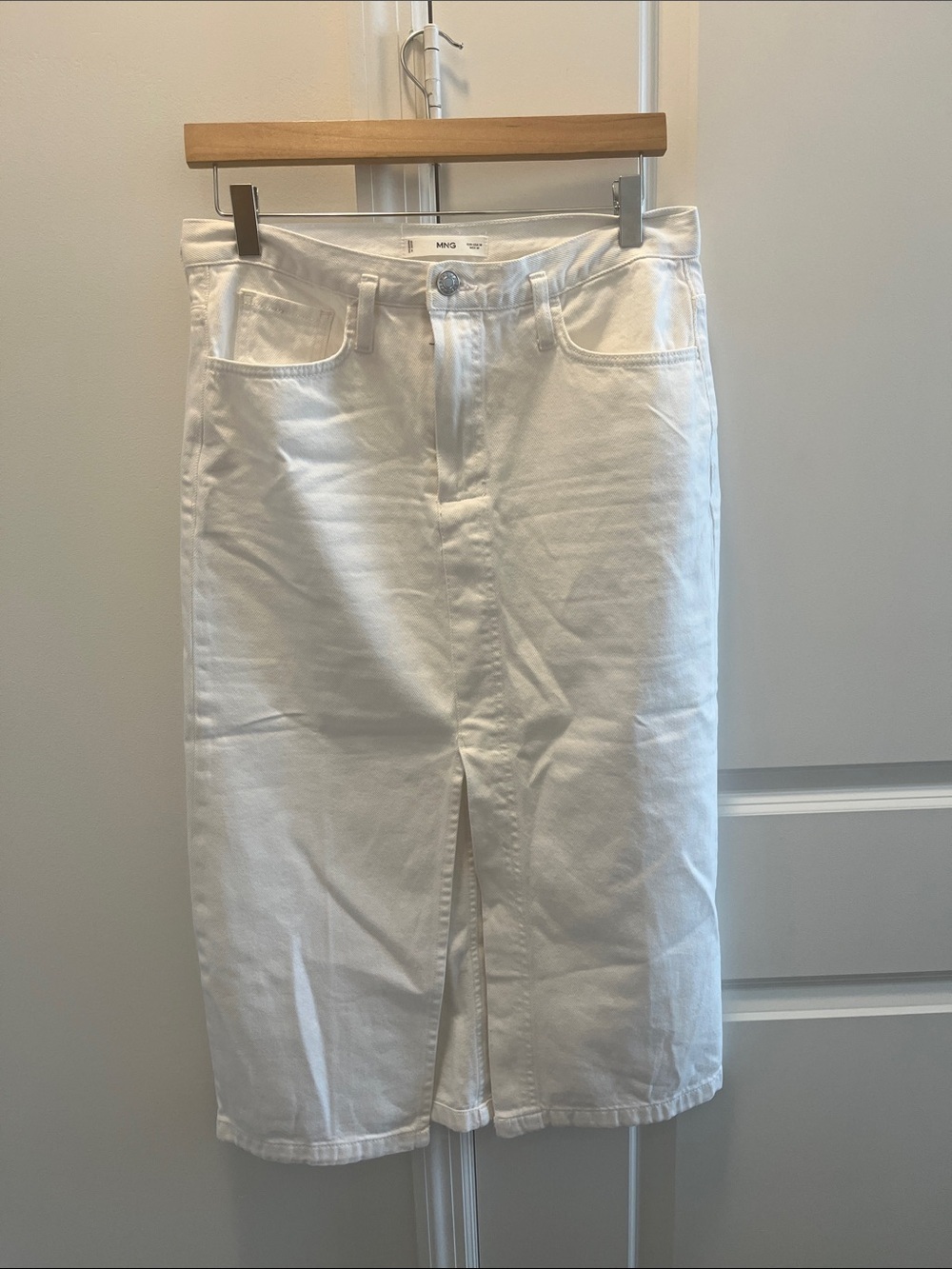 Mango White Denim Midi Skirt with Front Slit